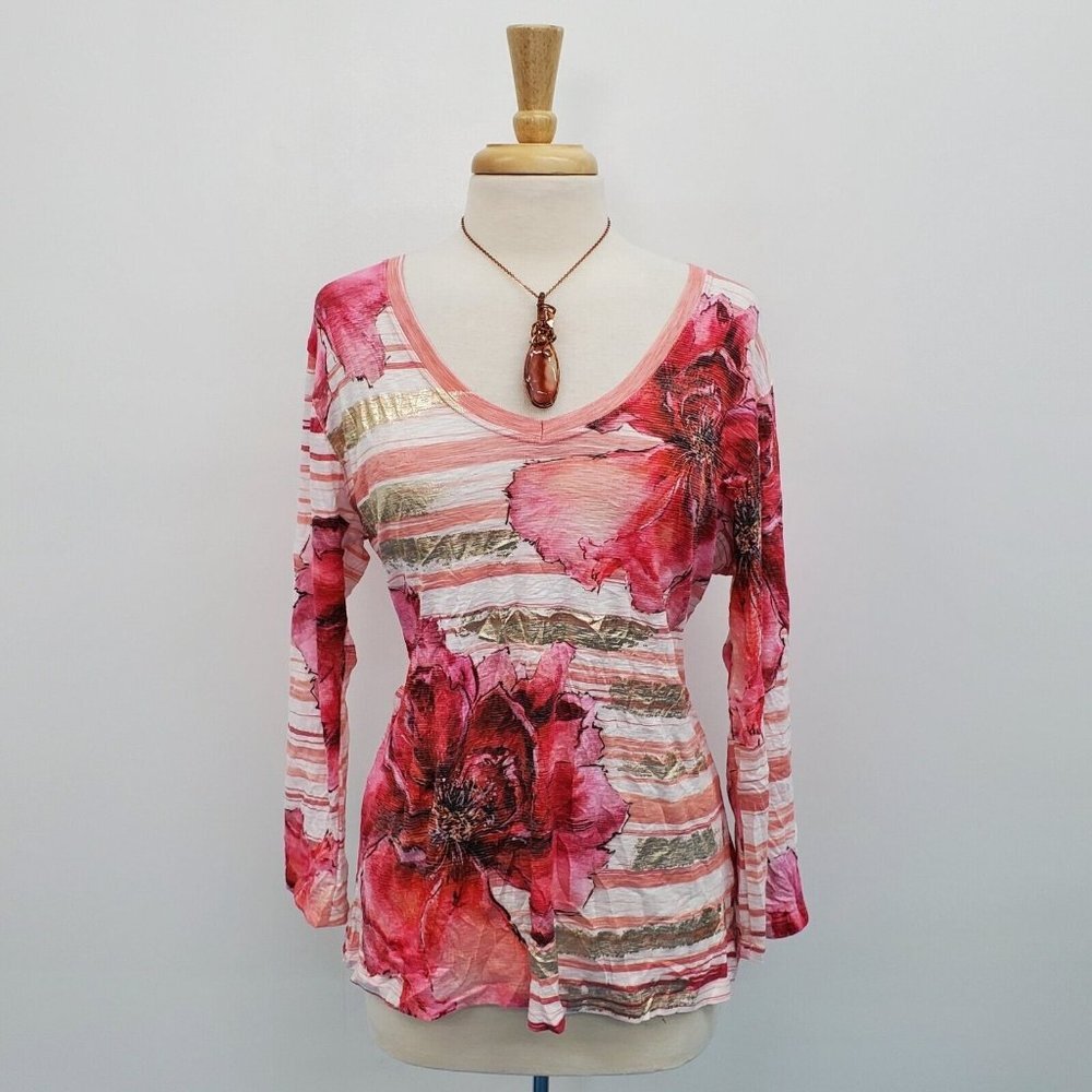 David Cline Womens Long Sleeve Pink & Gold Floral V-Neck Top Blouse Size XL‎
